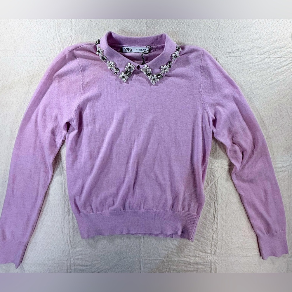 Purple Lilac Zara Pointed Jewel Rhinestone Bead Embellished Collar Knit Sweater